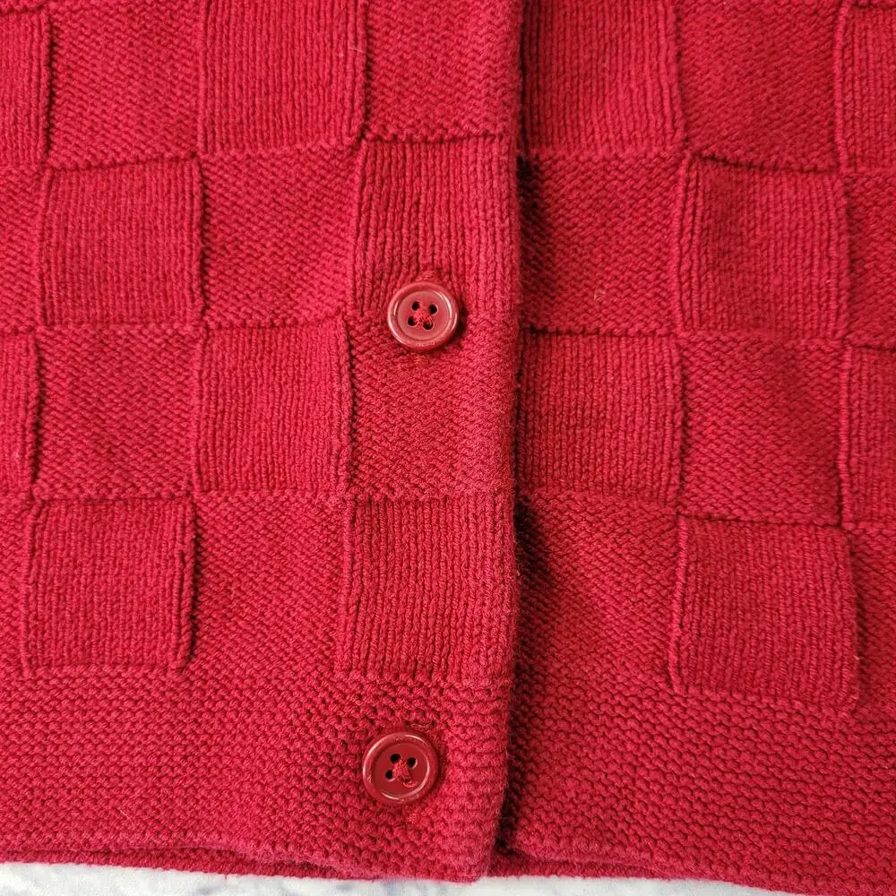 Gymboree Girl's Red Basketweave Button Front Sweater Holiday Pom Poms sz Small